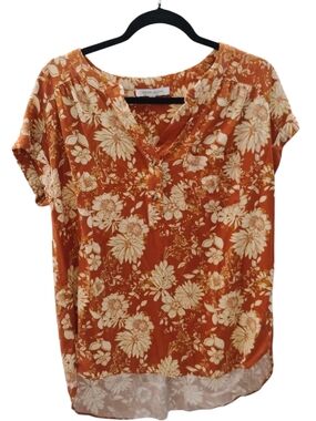 Rose & Olive Burnt Orange Floral V-Neck Short Sleeve Blouse SZ L